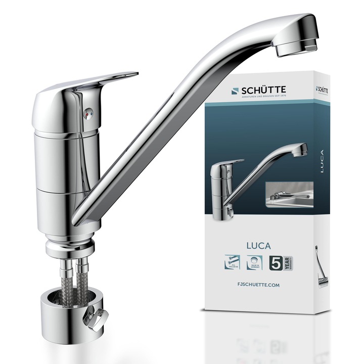 Schütte Mb35210 Luca Кухненски Смесител с Изтеглящ се Чучур, Смесител за Мивка, Монтаж Под Прозорец, Кухненски Смесител за Мивка До Прозорец, Гъвкави Маркучи, Хром