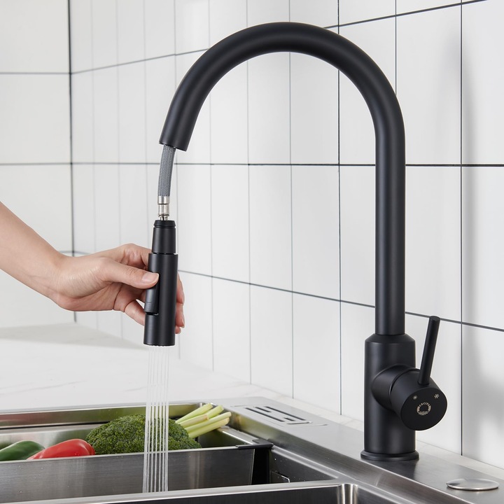 Baterie Bucatarie Cecipa Neagra, Baterie Mixer Bucatarie Cu Arc Inalt, Baterie Bucatarie De Inalta Presiune Cu Pulverizator Extractibil, Baterie Chiuveta Pivotanta La 360°, Racord G3/8