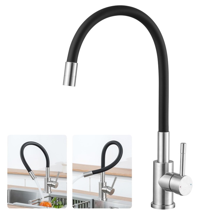 Baterie De Bucatarie Flexibila Cecipa, Neagra, Pivotanta La 360°, Baterie Mixer De Bucatarie De Inalta Presiune, Baterie Chiuveta Din Otel Inoxidabil, Baterie Mixer Cu O Singura Parghie - Seria Sofety