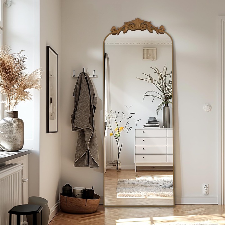 Lunamirror Filigrán Fali Tükör 146x44cm Teljes Hosszúságú Tükör Vintage Applikációval Díszesen Faragott Retro Fali Tükör Otthoni Dekorációhoz Nappali Hálószoba Előszoba Bejárat, Arany