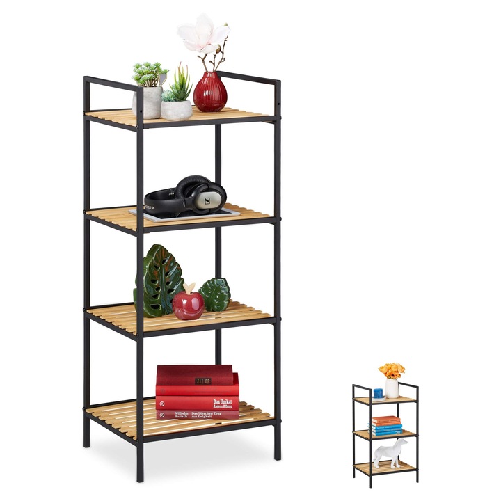 Raft Independent Relaxdays Cu 4 Rafturi, Bambus Si Metal, Raft Deschis, Raft Independent Pentru Hol, Ixlxa: 95 X 39 X 32, 5 Cm, Maro-Negru