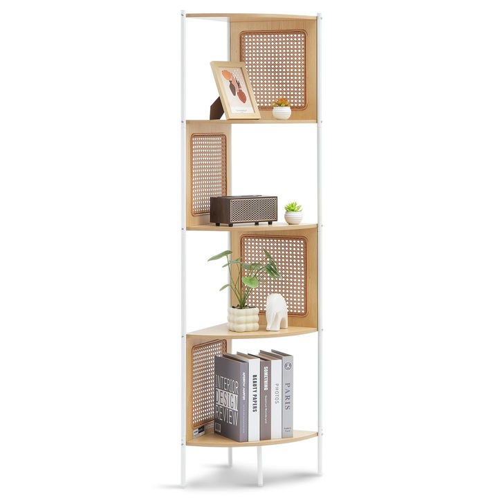 Vevor Rattan Sarok Könyvespolc, Létra-Típusú Sarokpolc, 5 Polc Fém Kerettel, Keskeny Nyitott Sarokpolc Falra Szerelhető, Ideális Kiállítási Polcok Könyvtárba, Konferenciaterembe, Irodába, Dolgozószobába, Természetes