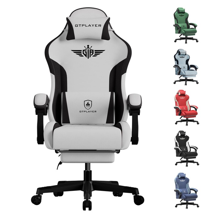 Scaun De Gaming Gtplayer, Scaun Ergonomic Pentru Gamer Din Material Textil Cu Suport Lombar, Scaun Pc Cu Spatar Largit, Capacitate De Greutate De Pana La 150 Kg, Gri