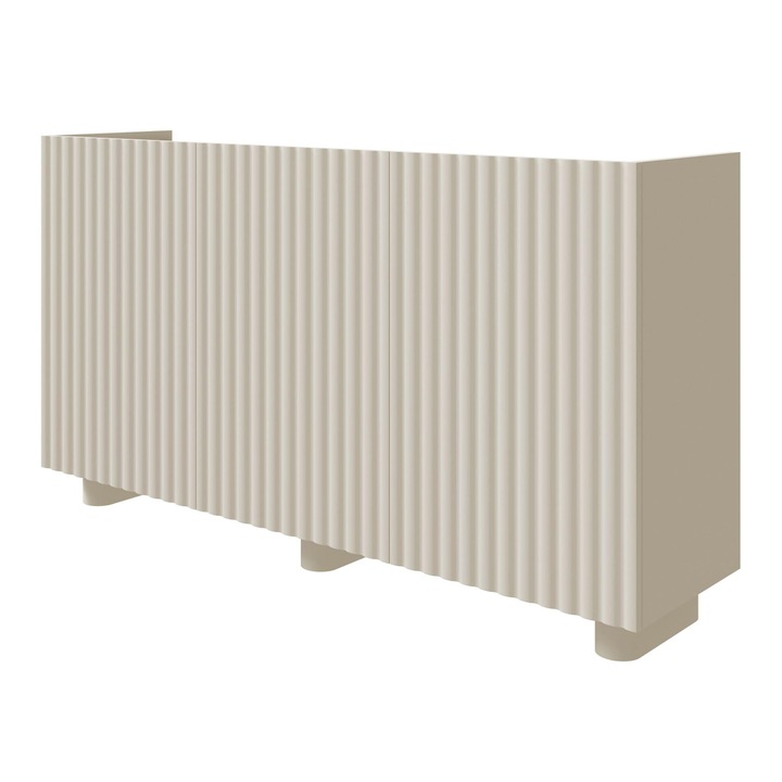 Selsey Fiorra komód 84×144×38,8 cm – Szürke-bézs tálaló nyomógombos nyitómechanizmussal, 3 rekeszes, modern design, ovális MDF lábakkal (12 cm), ideális nappaliba