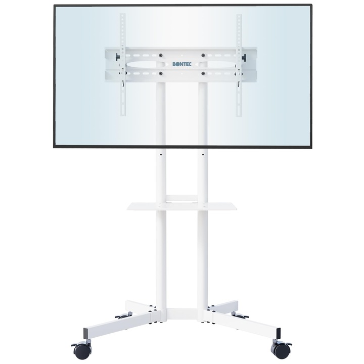 Suport TV Bontec cu Roti, Alb, Reglabil Pe Inaltime, 32-85 Inch, Vesa Maxim 600x400 mm, Pana La 60 Kg