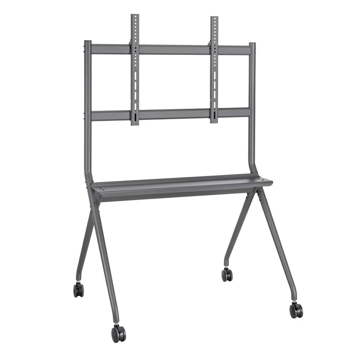 Ewent TV állvány interaktív panellel LED, LCD, OLED, sík és ívelt képernyőkhöz, 50–86 hüvelykig, kerekekkel, akár 120 kg-ig, VESA 200x200-tól 800x600-ig, állítható magasságú, + tárolórekesz