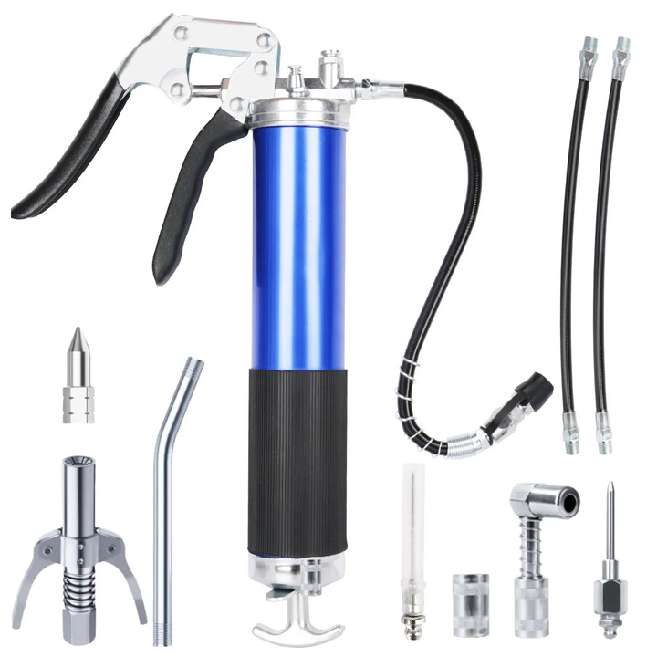Pistol de gresat, Set mini manual, 8000 PSI presiune inalta, Furtun flexibil prelungitor, Piston cu O-ring, Aliaj de aluminiu, Certificat CE, Albastru