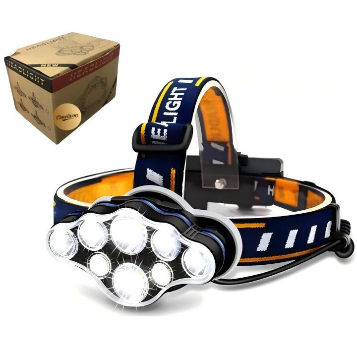 Фар за глава Omelivon® с акумулаторна батерия, 8 LED диода, 13 000 лумена, 6 нива на бяла светлина, 1 режим на мигаща червена SOS светлина