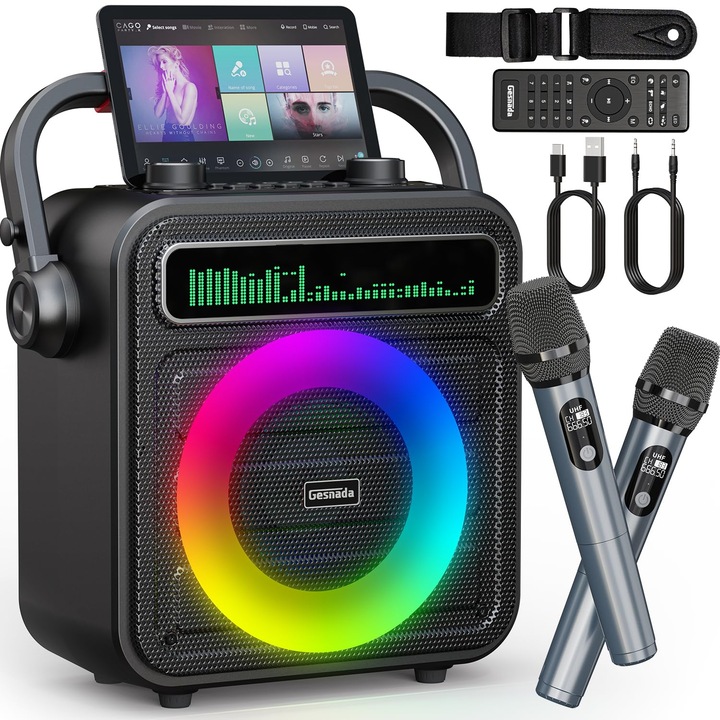 Aparat De Karaoke Gesnada, Portabil, 2 Microfoane, Bluetooth/Tf/Usb/Aux/Tws, Difuzor