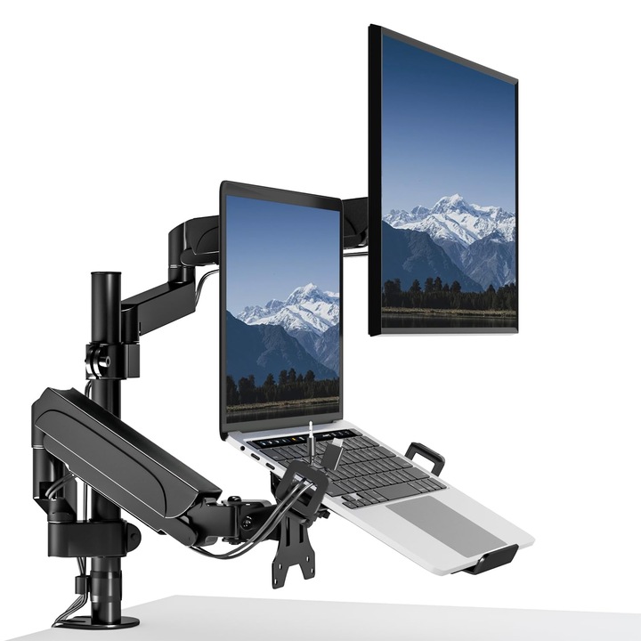 Suport Monitor Putorsen Cu Brat Pentru Laptop Pentru Ecrane De 17-32 Inch Si Notebook-Uri De Pana La 18", Brat Pentru Monitor Complet Reglabil Cu Arc, Inaltime Reglabila Cu Clema, Vesa 75X75/100X100Mm