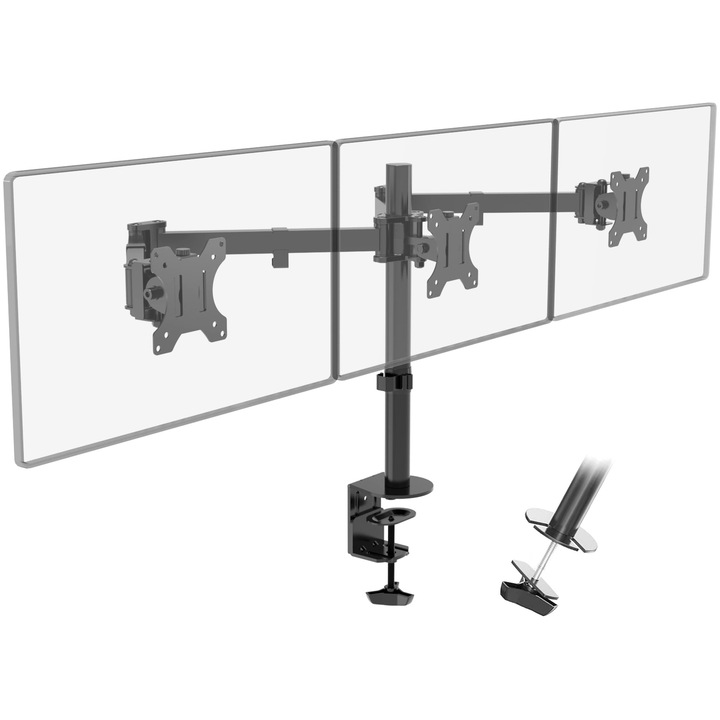 Putorsen Asztali Tartó 3 Monitorhoz, 13"-27" LCD LED TV Képernyőkhöz, Lapos Képernyőkhöz, Terhelhetőség: 7 Kg/Monitor, 180°-ban Dönthető, 360°-ban Forgatható, Állítható Magasságú