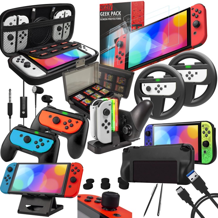 Pachet Accesorii Orzly Switch Geek Pack, Husa, Protecție De Ecran, Negru, 15 În 1