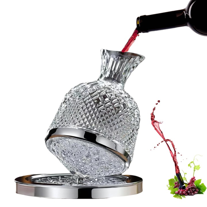 Decantor de Vin Piduules, 1500 ml, Rotativ, Suport Inclus, Cristal, Argintiu