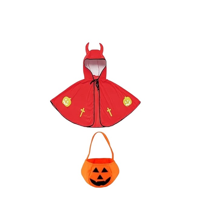 Set 2 piese, pelerina de Halloween si geanta model dovleac, poliester, multicolor