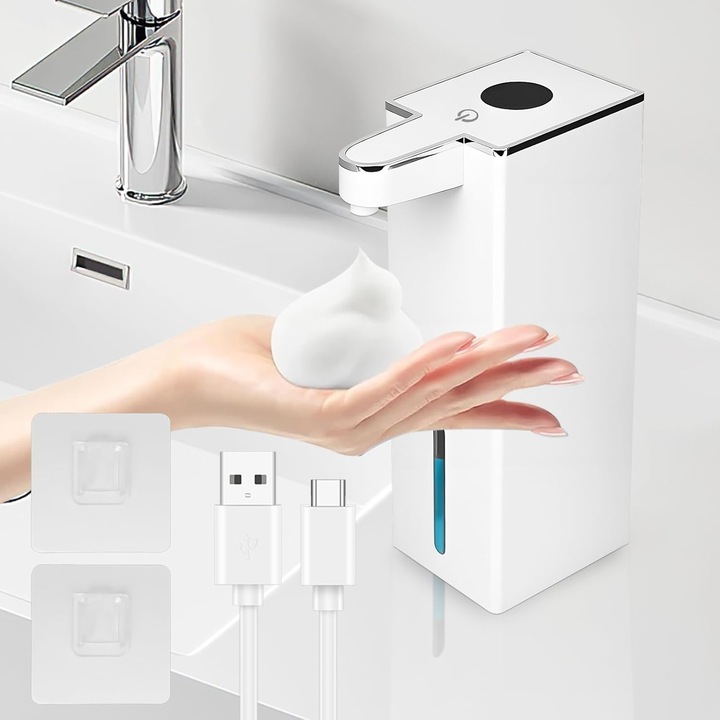 Dozator automat de sapun spumant, set 2 buc, capacitate 440 ml, senzor automat, montare pe perete pentru bucatarie si baie, reincarcabil USB, 1800 mAh, alb, 20x11.8x6.6cm