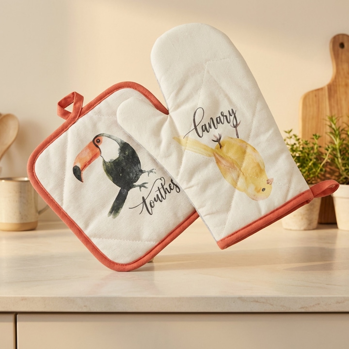Set 2 piese, manusa si suport pentru cuptor, pasari tropicale,18x28cm si 18x23cm