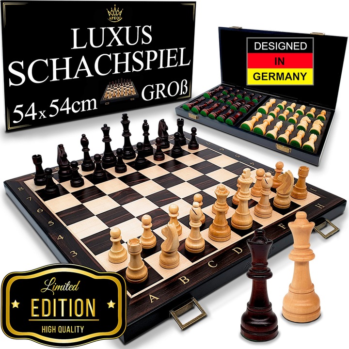 Sah De Lux Apeqi® - Nagy Fa Sakk Készlet, Kiváló Minőség - [54X54Cm], Tömör Fa, 2 Kiegészítő Királynő, Ajándék Ötlet - Kiváló Minőségű Fa Sakktábla, 34 Nagy Súlyozott Sakkfigura, Összecsukható Sakktábla