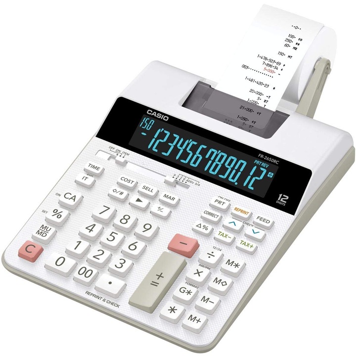 Настолен калкулатор Casio Fr-2650Rc с печат, 12 цифри, двуцветен печат, изчисляване на данъци, работа от мрежата, включено захранване, уникален