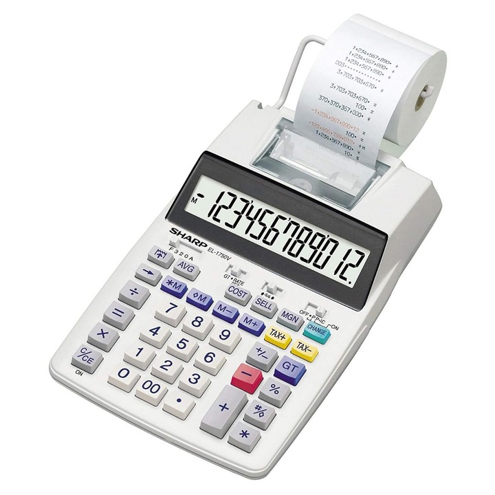 Настолен калкулатор с печат Sharp El-1750V (голям 12-цифрен LCD дисплей, черно-червено мастило за печат) бял