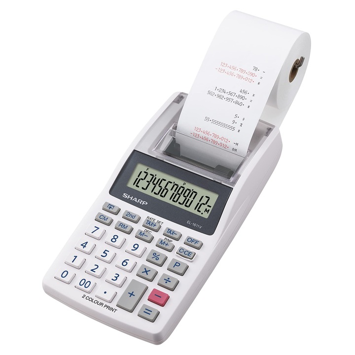 Мини настолен калкулатор Sharp El-1611V с печат (голям 12-цифрен LCD дисплей, черно и червено мастило за печат) Бял