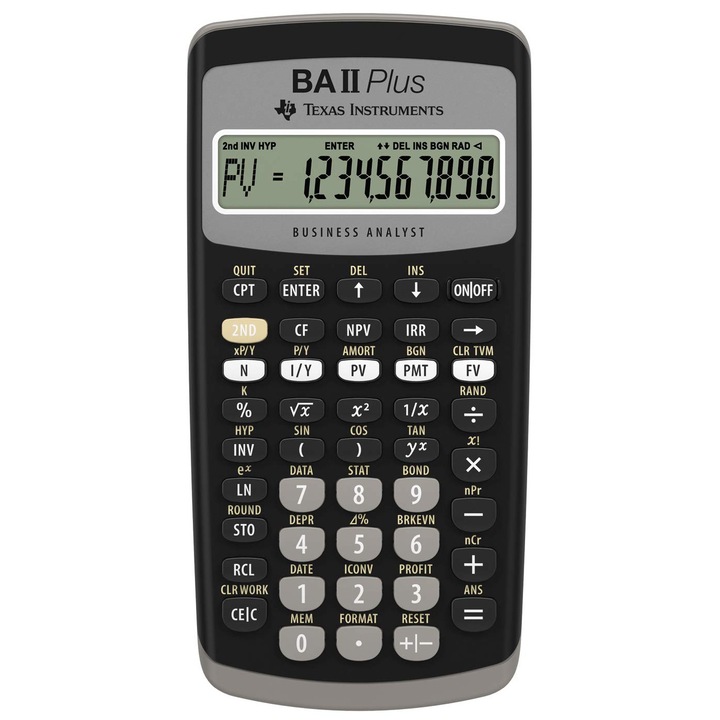 Финансов калкулатор Texas Instruments Ba Ii Plus (10-цифрен дисплей, едноредов, работа на батерии) Черно-сив