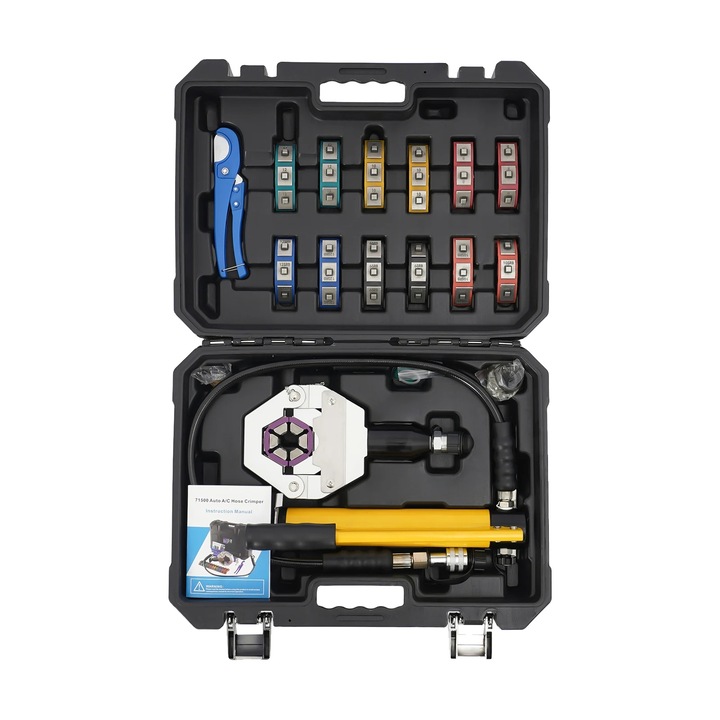 AC tömlő krimpelő szerszám, 7 cserélhető fej, 34 cm fogantyúhossz, alumínium, kompakt készlet