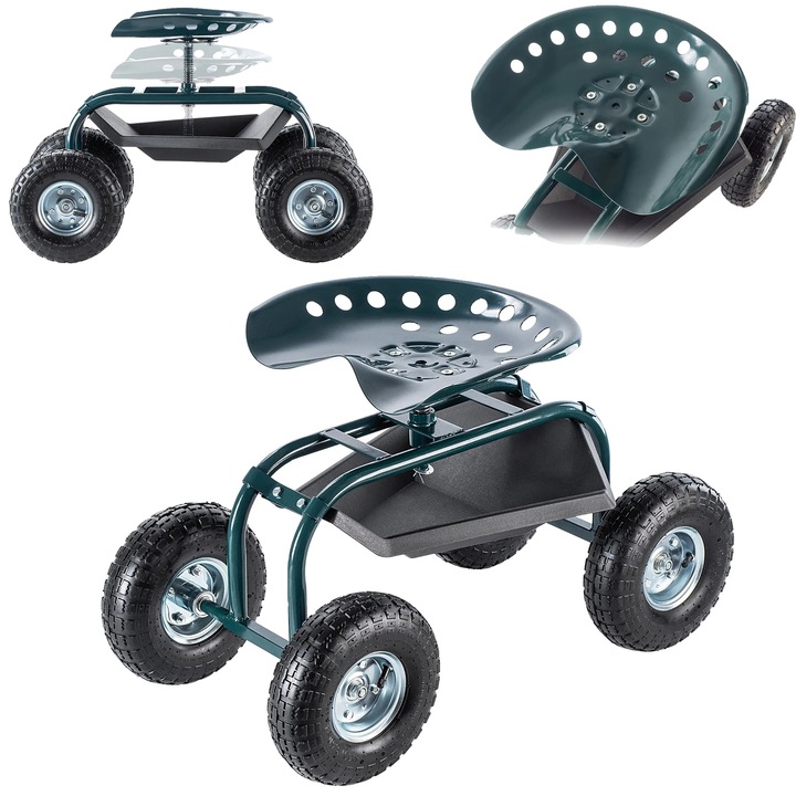 Scaun de gradina pe roti, cadru din otel durabil, suporta pana la 250 lbs, inaltime 18 inch, cutie de depozitare integrata