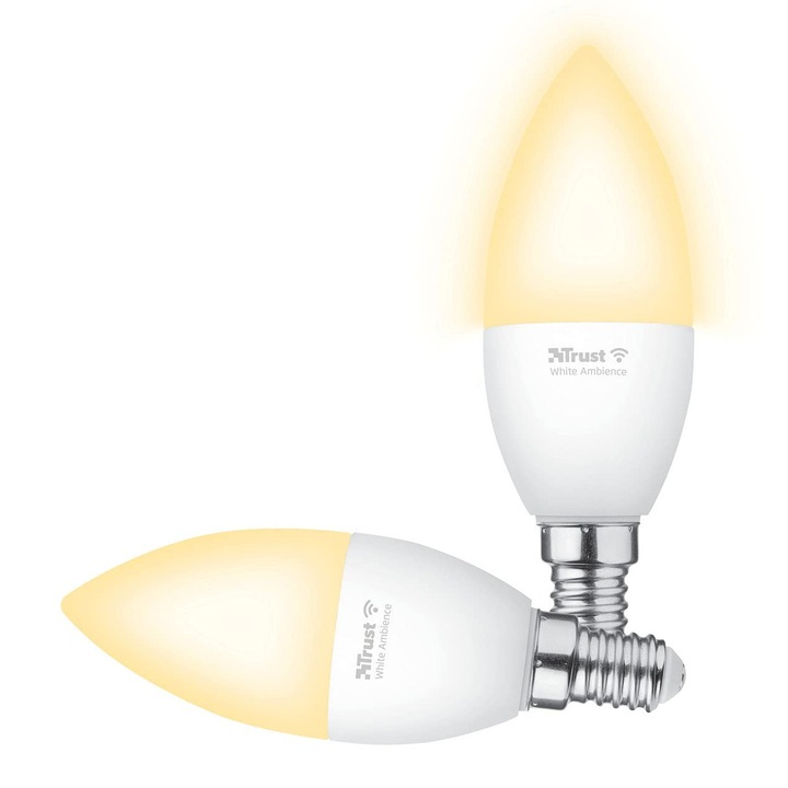 Bec Inteligent Trust Wifi E14, Intelligens LED Izzó, Szabályozható, Izzó Alexa és Google Home számára, Nincs szükség Hubra, RGB Izzó 2,4 GHz, Wi-Fi Lámpa, Fehér - 2 darabos csomag