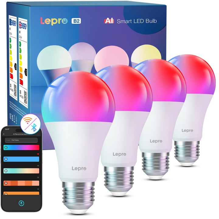Bec Inteligent Lepro Ai B2, Lampa E27 10W 1100Lm Reglabila, Designer De Lumina Ai Personalizat, Control Vocal/Sincronizare Muzica, Bec Inteligent Wifi Si Bluetooth, Compatibil Cu Alexa/Google Assistant, Pachet De 4
