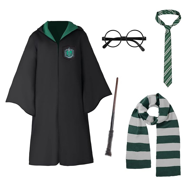 Set Complet Harry Potter Copii 6-7 ani, 135 cm: Cloak, Ochelari, Bagheta, Fular, Cravata – Slytherin Negru/Verde