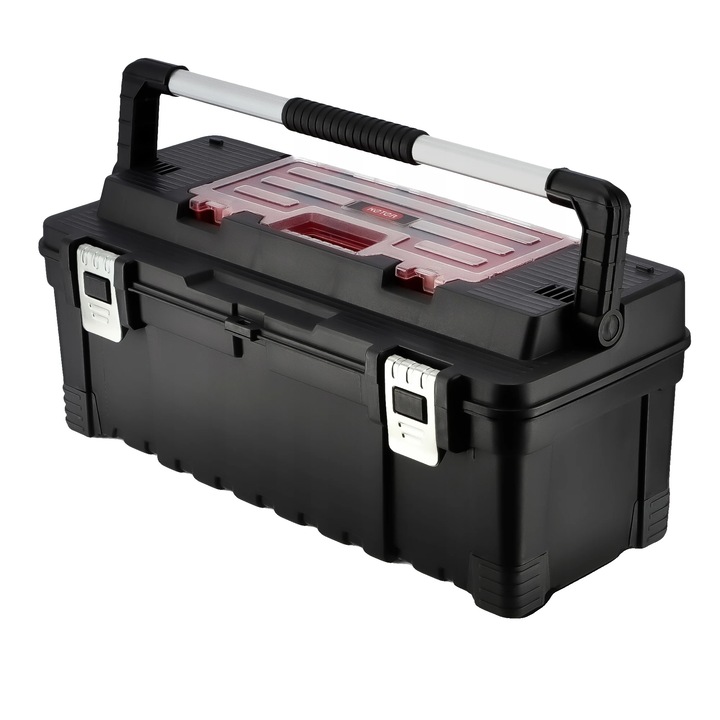 Szerszámosláda, műanyag, 17.5x11.5x10.5in, több rekeszes, ergonomikus fogantyúk