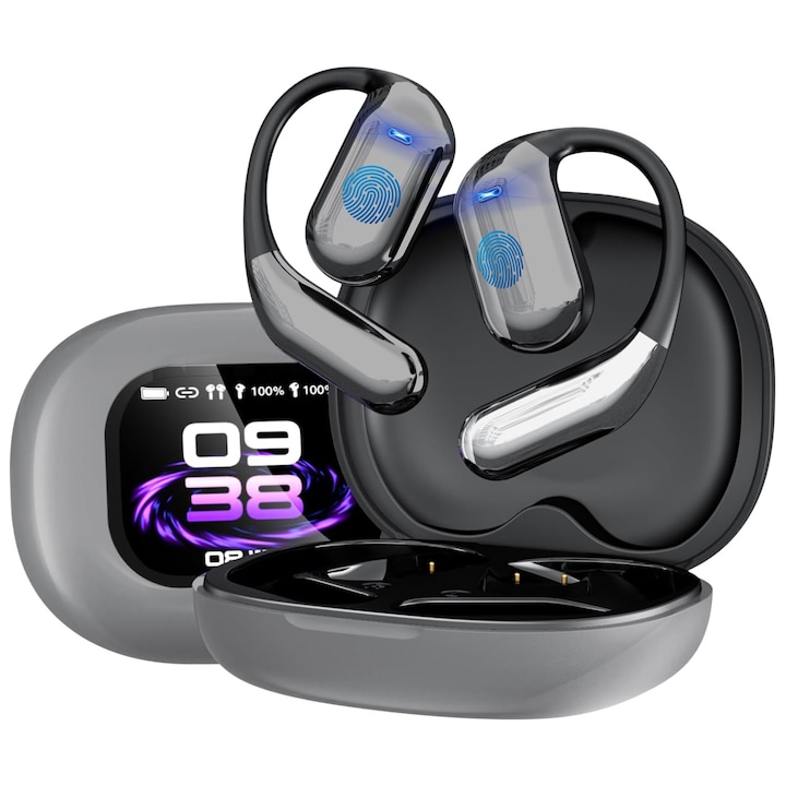 Casti inteligente pentru traducere, 144 de limbi, Stereo binaural, Reducere a zgomotului in timpul apelurilor, Bluetooth, Gri/Negru