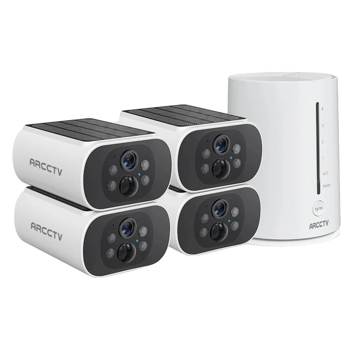 Безжична камера за наблюдение, 2560x1440P, соларно захранване, водоустойчива IP66, нощно виждане, поддържа 4 камери