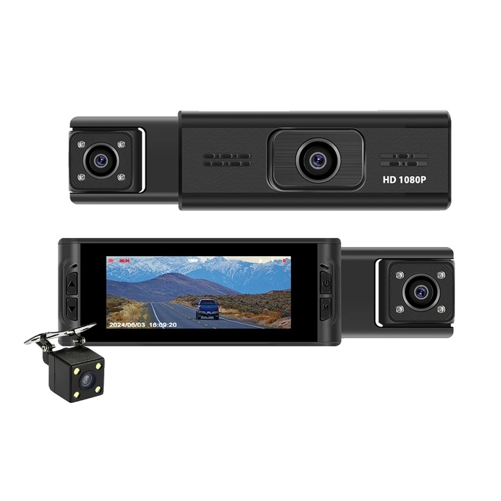 Camera auto DVR, 1080P, sistem cu 3 lentile, 64G, monitorizare parcare, display IPS 3.16 inch