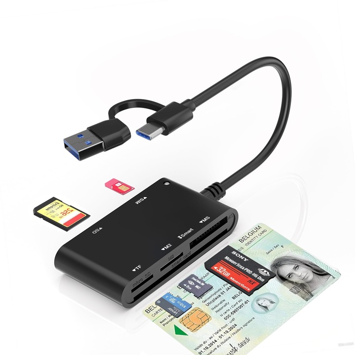 C típusú/USB SIM kártyaolvasó - 7 az 1-ben SIM kártyaolvasó SIM, SD, M2, MS, Micro-SD, MMC, intelligens kártyákhoz, Memory Stick Pro Duo adapter, M2 olvasó, ISO 7816 A, B, C osztályú chipkártya olvasó