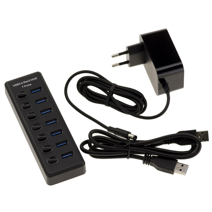 Hub Kalea-Informatique Usb 3.2 Gen 2 10G 7 A-típusú port kapcsolókkal - Külső 12V 2A tápegység mellékelve