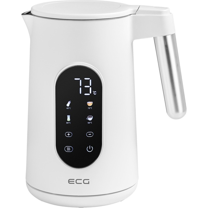 Електрическа кана ECG RK 1799 Smart White, 1.7 литра, 2200 W, двойни стени, сензорен панел, предварително зададени функции, бяла