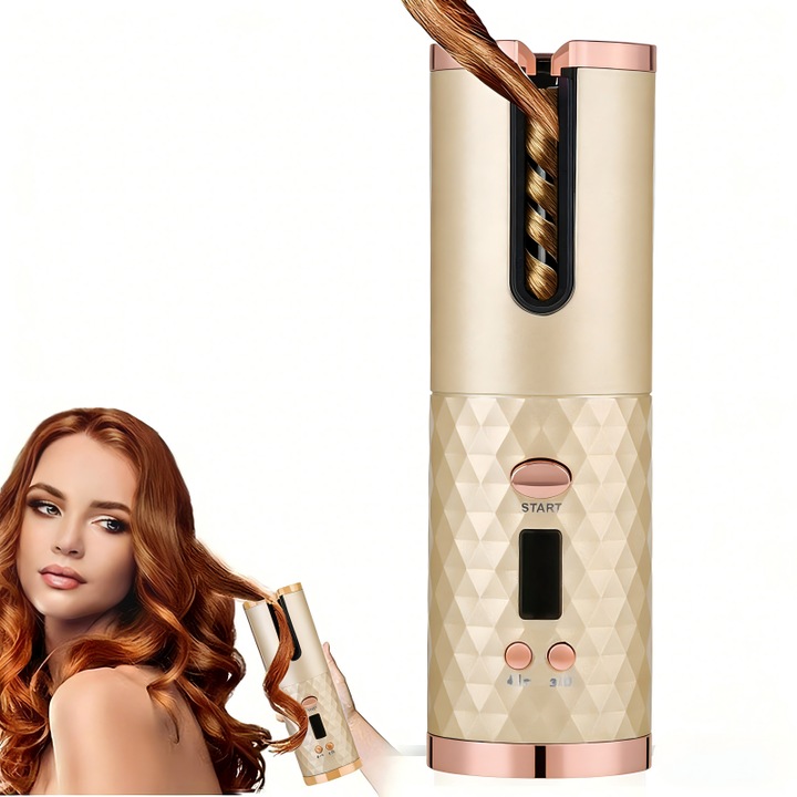 Ondulator Automat Bucle，Incalzire rapida，Potrivit Orice Tip De Par，Ondulator Cu Protectie Avansata，temperatura reglabila pana la 200°，strat ceramic cu cuart，incarcare Type-C, portabil, afiaj LCD，Ondulatoreless inteligent wir