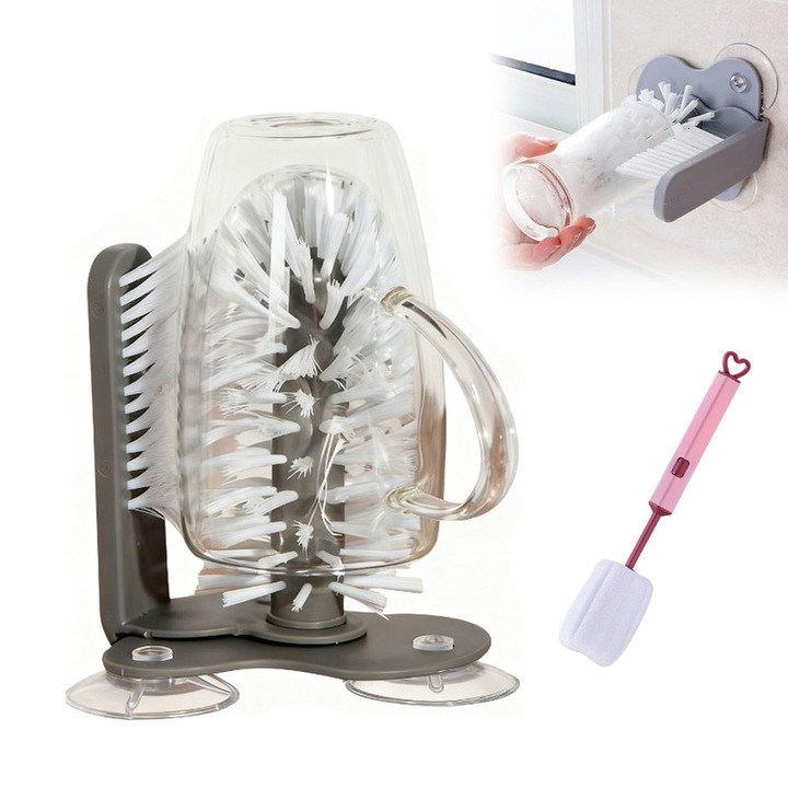 Perie de curatare sticla cu ventuza, Unloshe, design cu 3 capete, eficienta 360°, gri