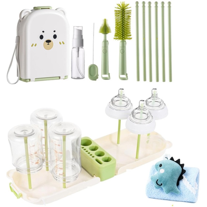Kit de curatare sticle,7 in 1, perii pentru tetine, suport pentru uscat, perii pentru pai, instrumente de curatare pentru pompa de lapte, distribuitor de sapun si cutie de depozitare portabil, alb