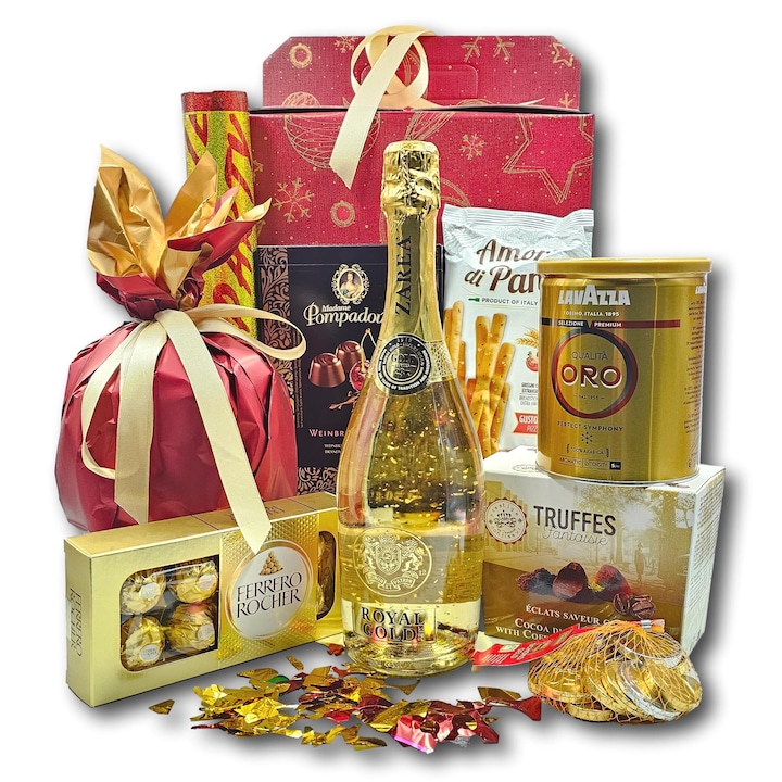 Pachet cadou special, CADOURI PREMIUM ®, model Royal New Year, cu spumant Zarea Royal Gold imbogatit cu foite de aur 23k, cafea Lavazza Oro si o multime de alte surprize alese special pentru sarbatori de poveste