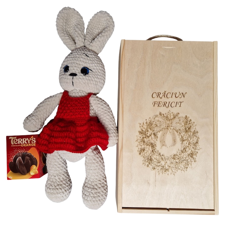 Pachet Cadou pentru copii cu Jucarie Handmade, cutie lemn gravata, portocala de ciocolata Terry, ambalaj cadou