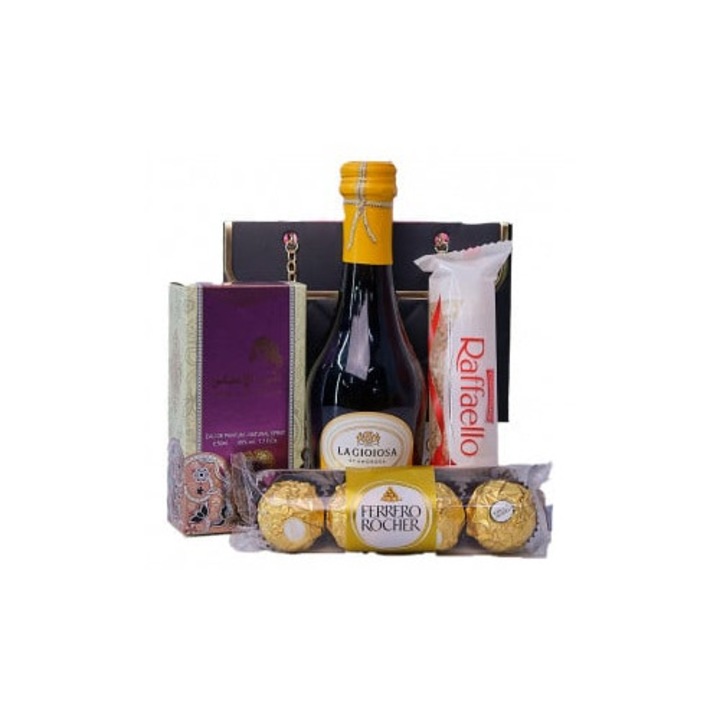 Pachet cadou Fragrant, cu Prosecco Lagioiosa "Etamorosa", parfum arabesc Ameerat Al Ehsaas, praline Raffaello si Ferrero Rocher in punga eleganta tip poseta, Negru, VELVE