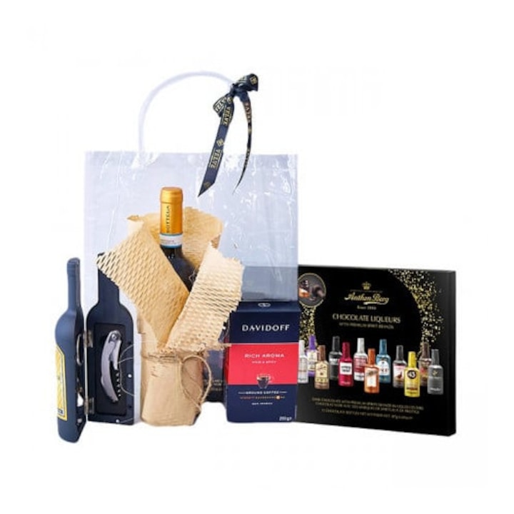 Pachet aniversar Bar Party, cu accesorii bar in cutie tematica, pachet cafea Davidoff, Vin Bottega Pinot Grigio Delle Venezie Rose si cutie cu ciocolata umpluta cu lichior Anthon Bera Dark 187gr, in punga asortata, VELVE