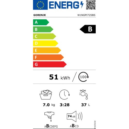 Mașină de spălat rufe Gorenje W1NGPI72SBS, Motor Inverter, Display LCD, 15 programe, 7kg, Albă