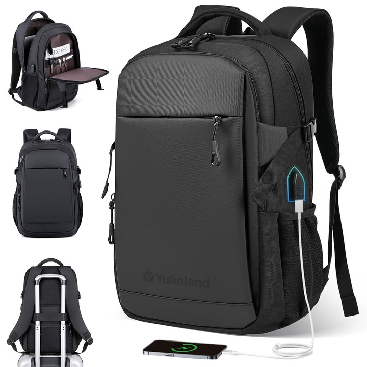 Rucsac de calatorie casual, Yulinland®, cu port de incarcare USB si mufa pentru casti, negru