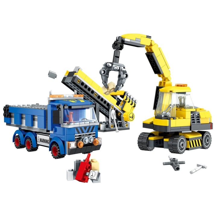 Cuburi Constructie Vehicule de Santier 502 piese Set Constructie Camion Macara Figurine