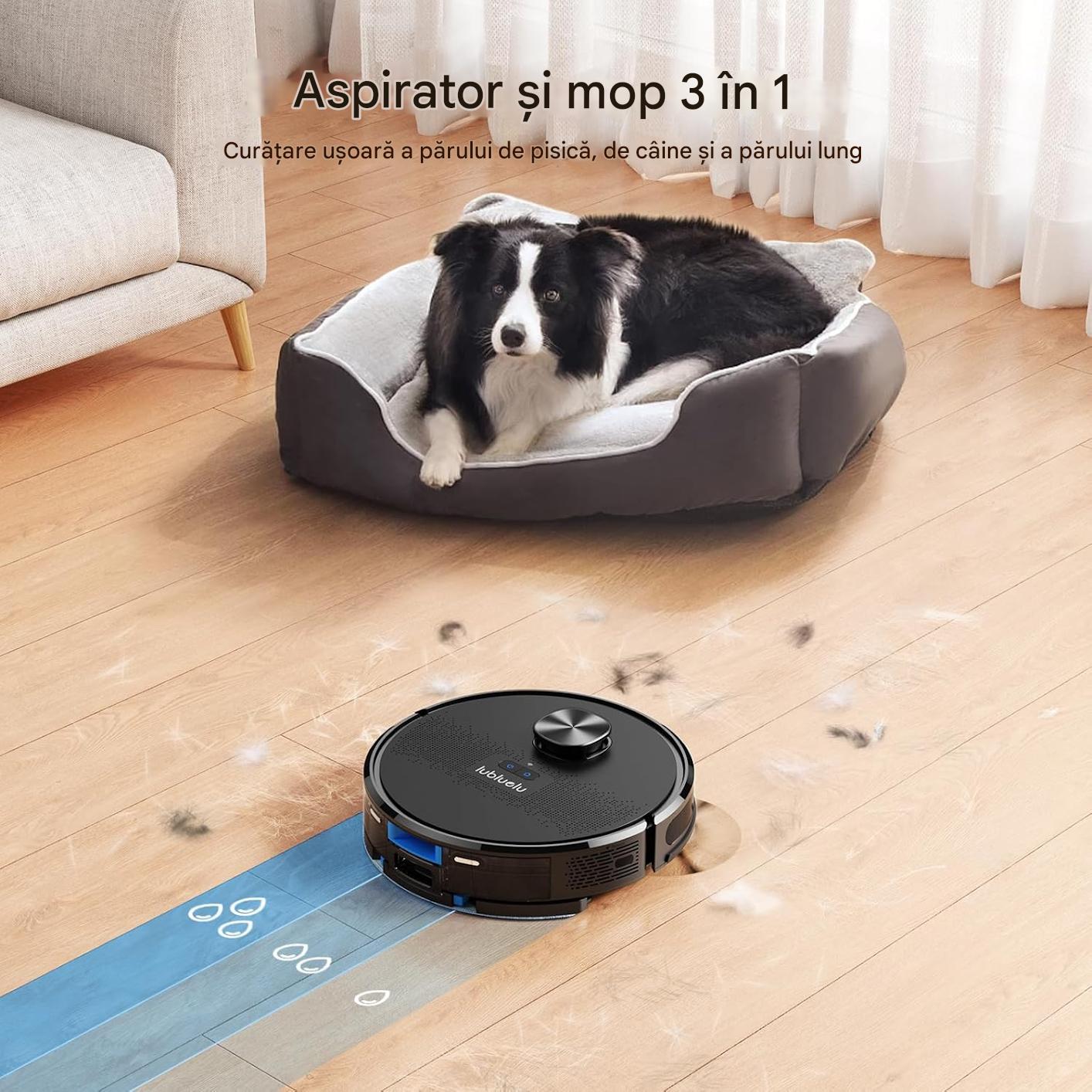 Aspirator robot pentru par de animale, covor, podele dure Lubluelu SL61 cu mop 4500Pa, aspirator robot 3 in 1 cu laser Lidar, 5 harti editabile, 10 zone interzise, perie laterala, aplicatie/Alexa