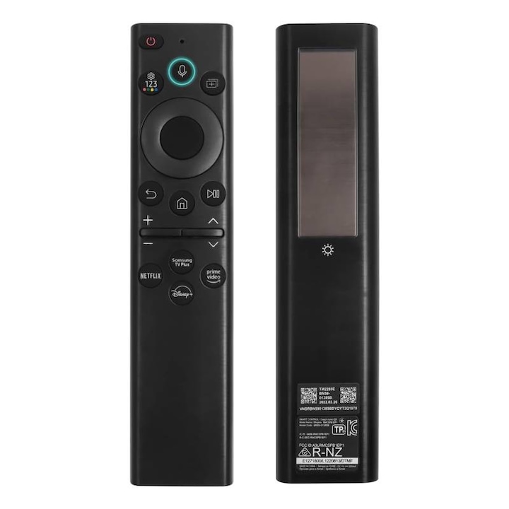 Intelligens távirányító napelemes töltéssel BN59-01385A Samsung TV-hez, Fekete, 4 gyorsgomb (Netflix, YouTube, stb.), Kompatibilis Samsung Smart LED, 3D, UHD, Síkképernyős TV modellekkel, Hangvezérlés funkció