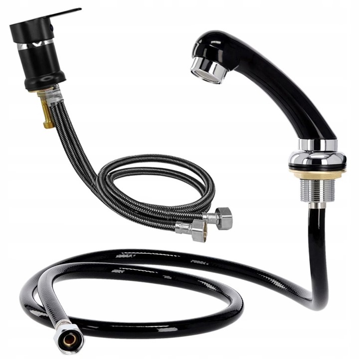 Set robinet pentru chiuveta de coafura, cromat, otel inoxidabil, furtun de 60 cm, negru